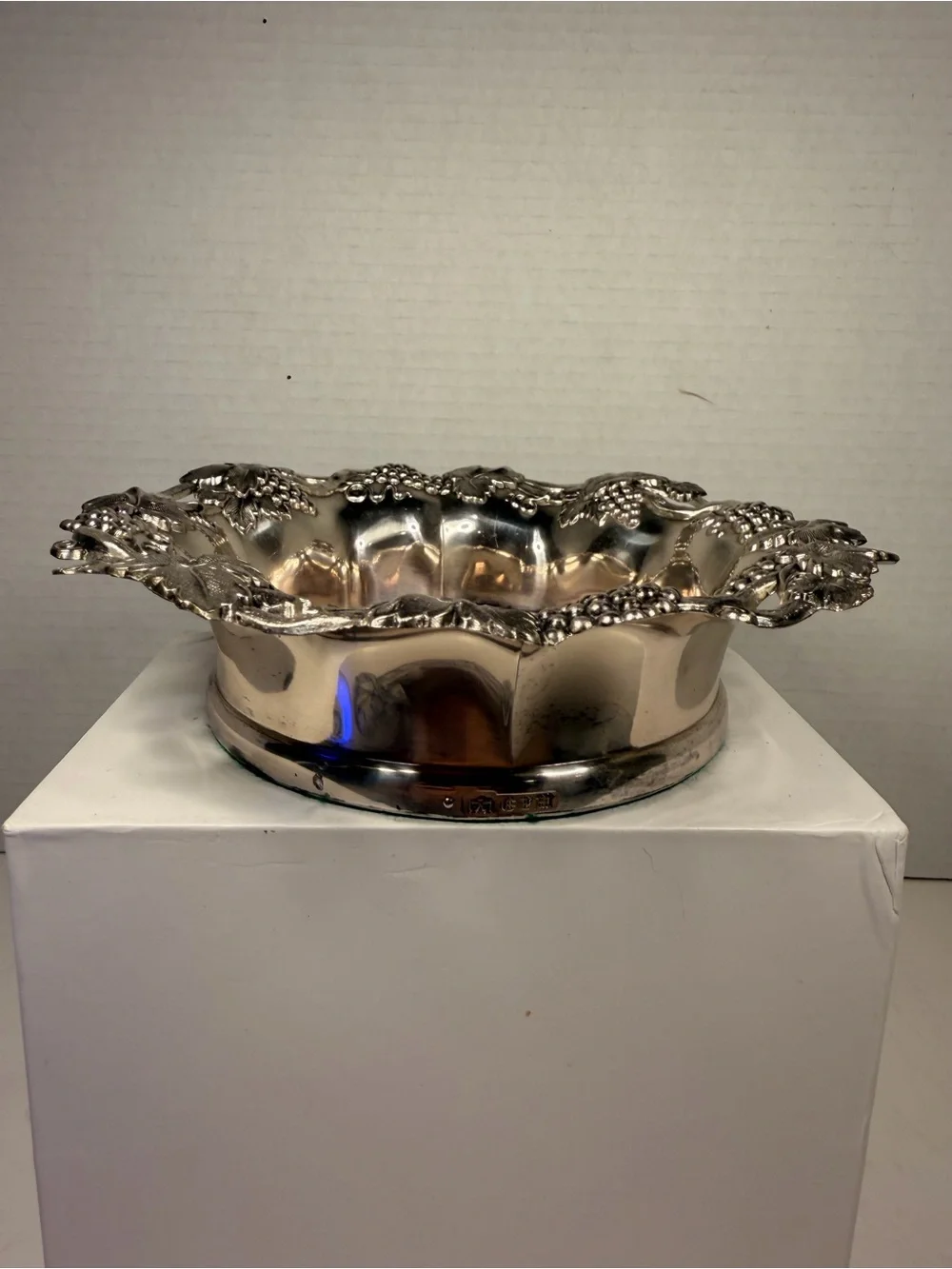 Corbell & Co Vintage Silver Plate Grape Motif Wine Bottle Coaster with Wood